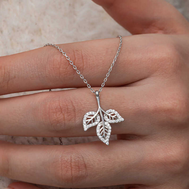 Sterling Silver Leaf Necklace - Sparkling Cubic Zirconia Dainty Design