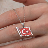Sterling Silver Turkish Flag Necklace - Patriotic Enamel & CZ Pendant