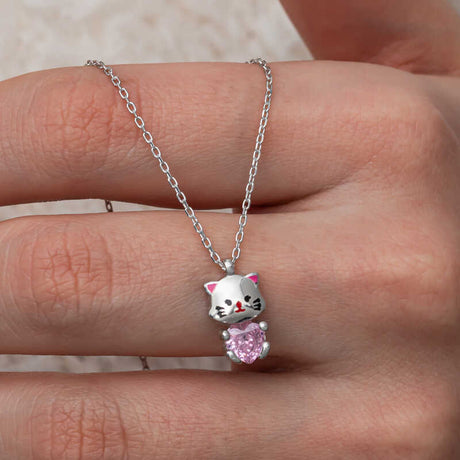 Sterling Silver Necklace - Cute Cat Pendant with Pink Heart Stone