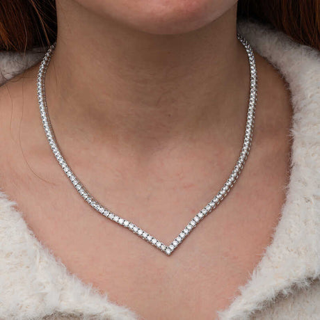 Silver V-Model Tennis Necklace with Brilliant Simulated Diamonds