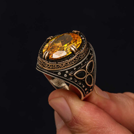 Premium Sterling Silver Yellow Citrine Zircon Men's Ring