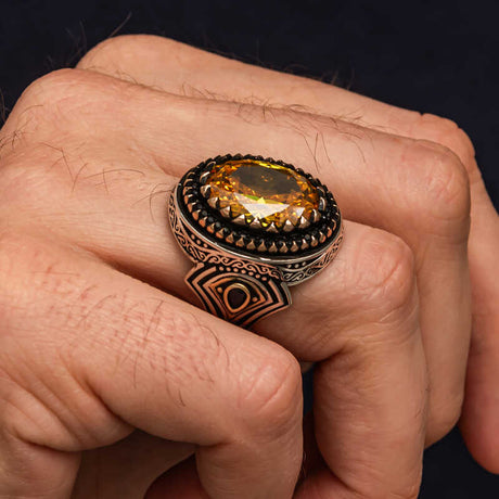Premium Handcrafted Silver Men's Ring with Citrine and Zircon