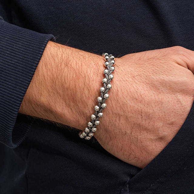 Men's Bracelet - Oxidized Silver Braided Beaded Design