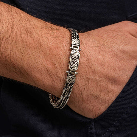 Men's Bracelet - Oxidized Silver Ornate Weave & Patterned Clasp