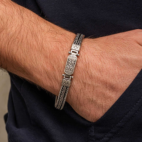 Men's Bracelet - Oxidized Silver Ornate Weave & Patterned Clasp