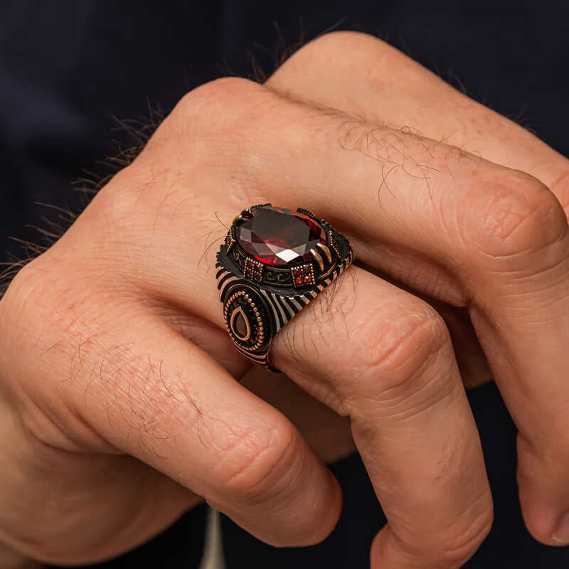 Premium Sterling Silver Men's Faceted Red Stone Ring