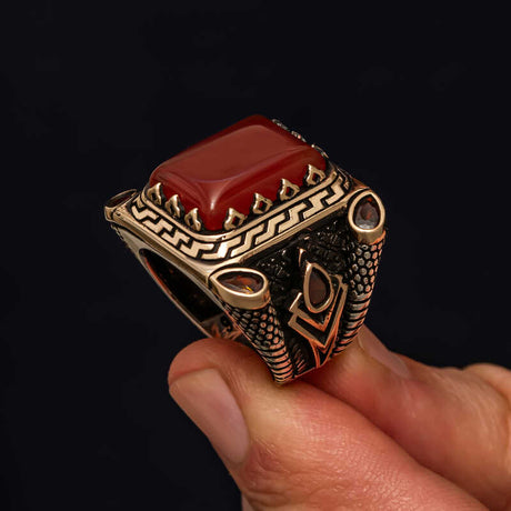 Professional Men's Red Agate Sterling Silver Ring