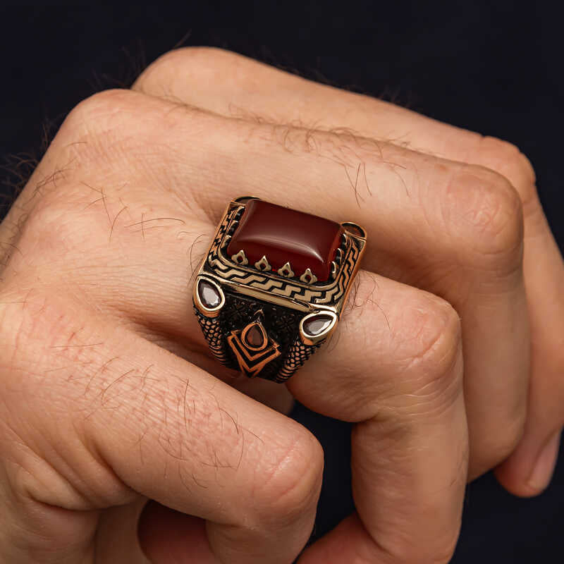 Professional Men's Red Agate Sterling Silver Ring