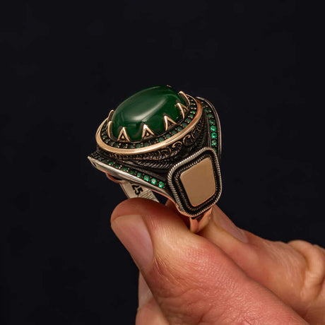Premium Sterling Silver Green Agate Men's Statement Ring