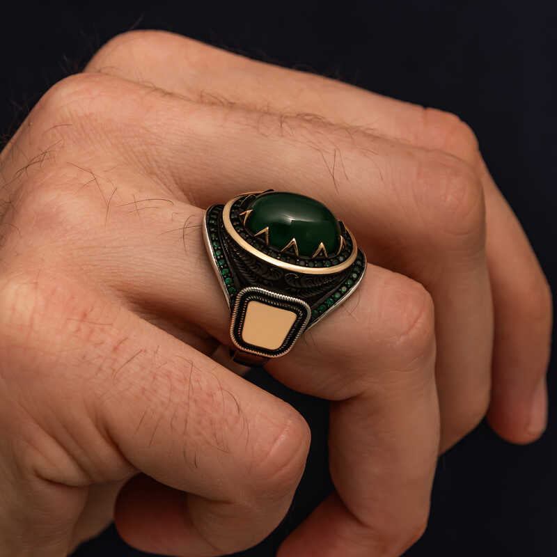 Premium Sterling Silver Green Agate Men's Statement Ring