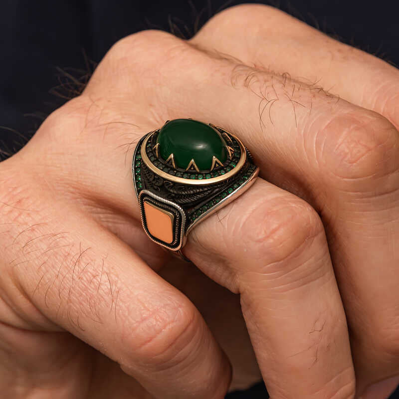Premium Sterling Silver Green Agate Men's Statement Ring