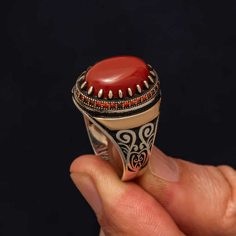 Premium Handcrafted Silver Men's Ring with Red Agate Stone