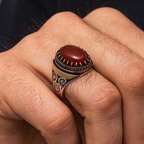 Premium Handcrafted Silver Men's Ring with Red Agate Stone