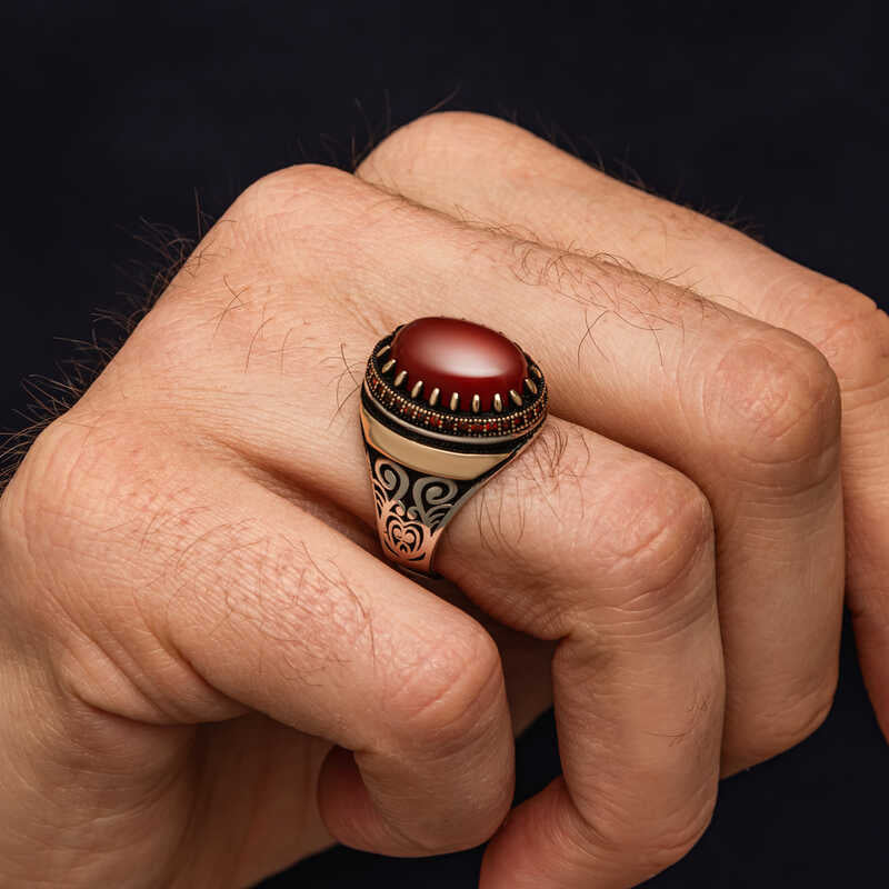 Premium Handcrafted Silver Men's Ring with Red Agate Stone