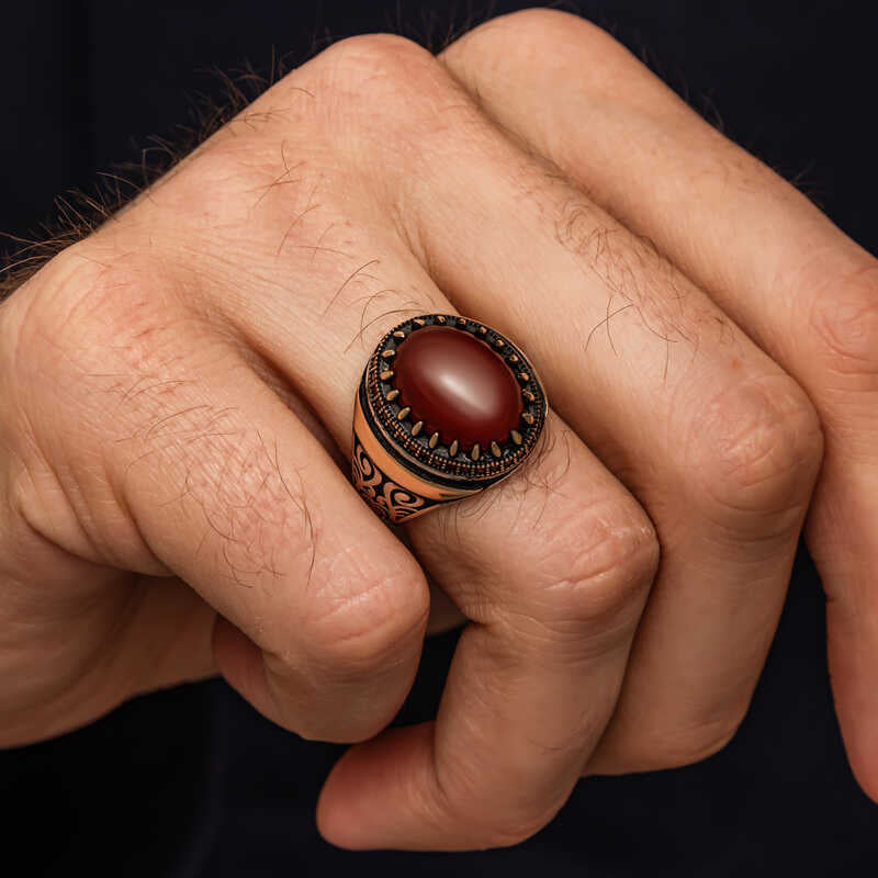 Premium Handcrafted Silver Men's Ring with Red Agate Stone