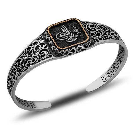 Men's Cuff Bracelet - Oxidized Sterling Silver Ottoman Tughra Design