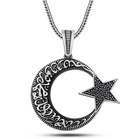 Men's Sterling Silver Islamic Calligraphy Crescent & Star Black Stone Necklace