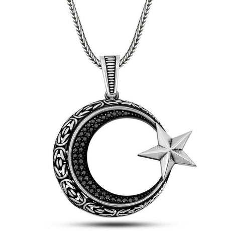 Men's Sterling Silver Black Zircon Crescent Moon Star Pendant Necklace