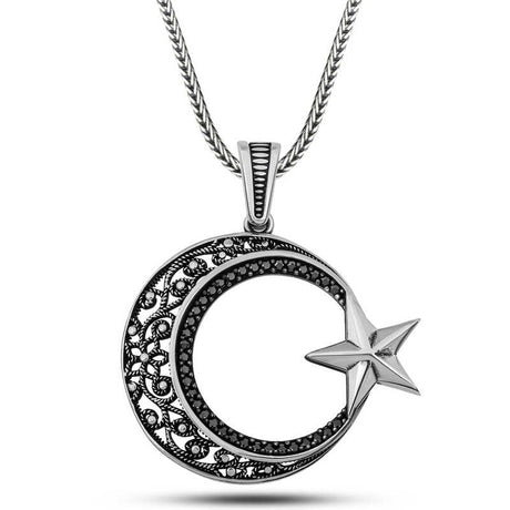 Sterling Silver Crescent Moon & Star Necklace - Black Zirconia Ornate Design