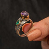 Ring - Amethyst & Emerald Silver Gold-Tone Authentic Statement
