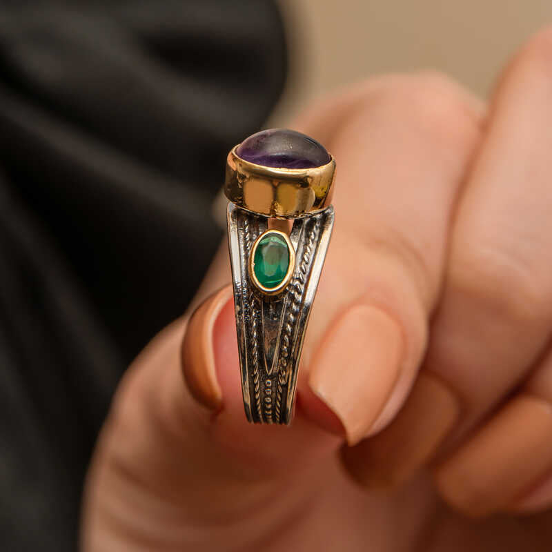 Ring - Amethyst & Emerald Silver Gold-Tone Authentic Statement