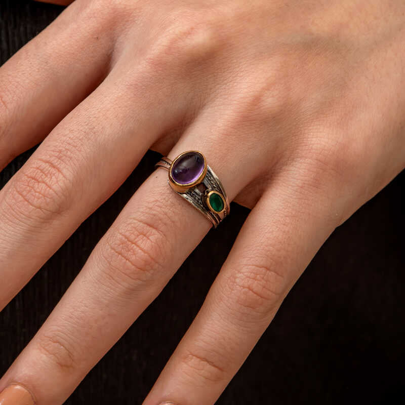 Ring - Amethyst & Emerald Silver Gold-Tone Authentic Statement