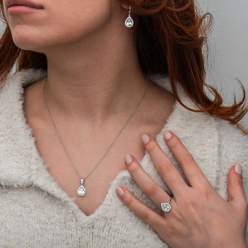 주얼리 세트 - 실버톤 화이트 지르콘 물방울 헤일로