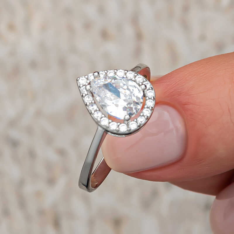 Bague Halo en Argent Sterling - Élégante Zircone Cubique Taille Poire