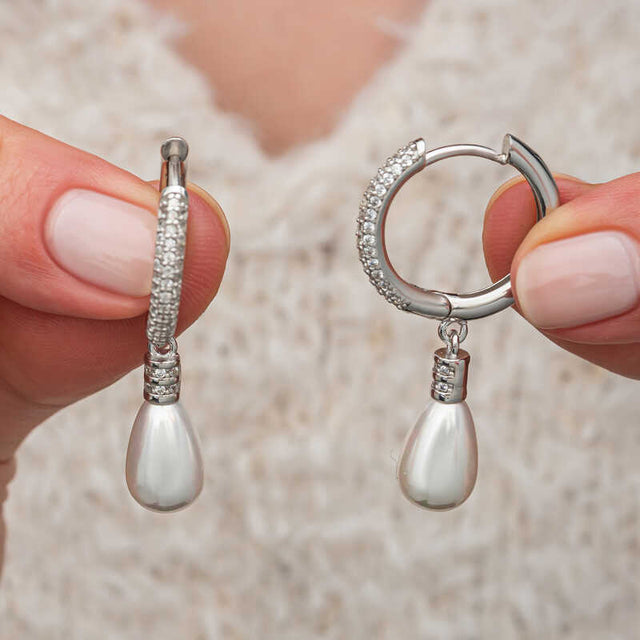 Sterling Silver Zirconia & Pearl Dangle Hoop Earrings - Elegant Drop Style