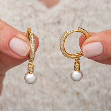 Gold-Tone Zirconia Hoop Earrings - Dainty Pearl Drop Style