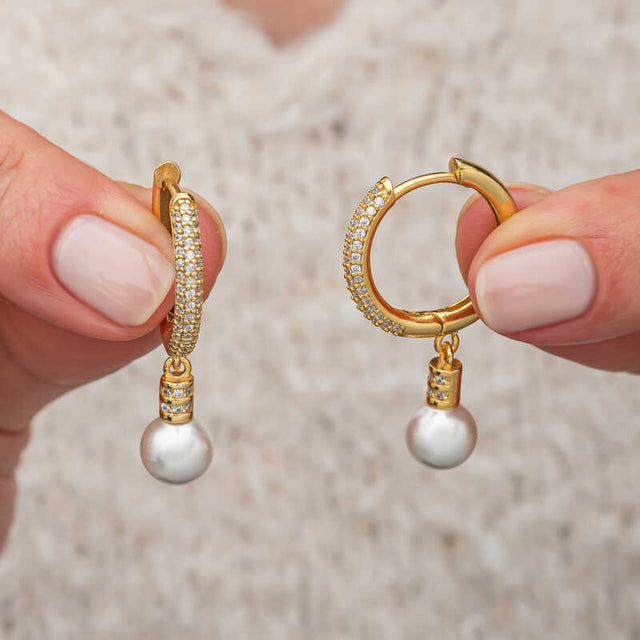 Gold-Tone Zirconia Hoop Earrings - Dainty Pearl Drop Style