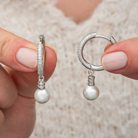 Sterling Silver Cubic Zirconia Pearl Drop Hoop Earrings