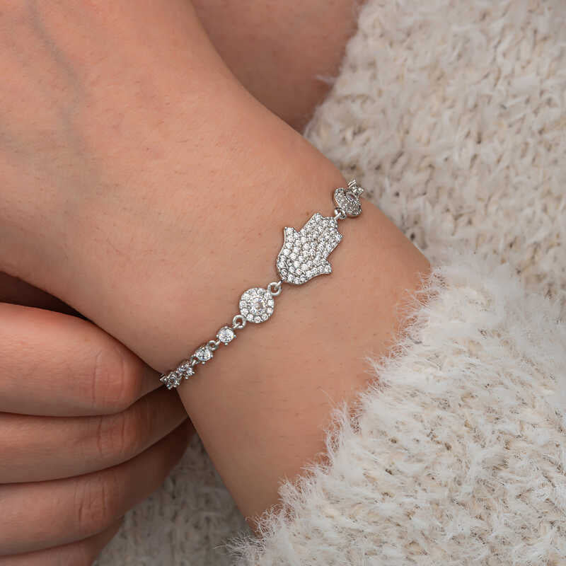 Bracelet Main de Hamsa en Argent Sterling avec Zircon - Design Élégant et Délicat