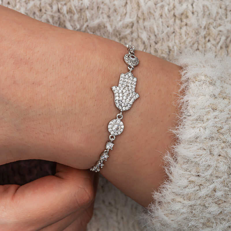 Bracelet Main de Hamsa en Argent Sterling avec Zircon - Design Élégant et Délicat
