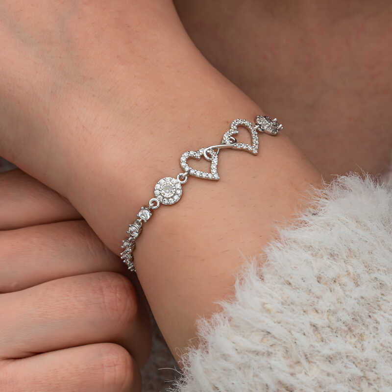 Sterling Silver Interlocking Infinity Heart Bracelet - CZ Sparkle