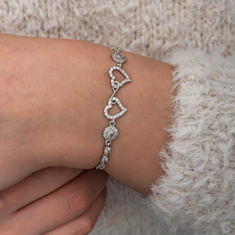 Sterling Silver Interlocking Infinity Heart Bracelet - CZ Sparkle