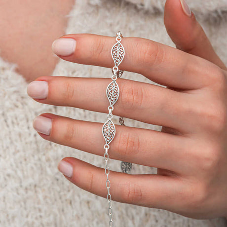Sterling Silver Bracelet - Delicate Filigree Leaf Design