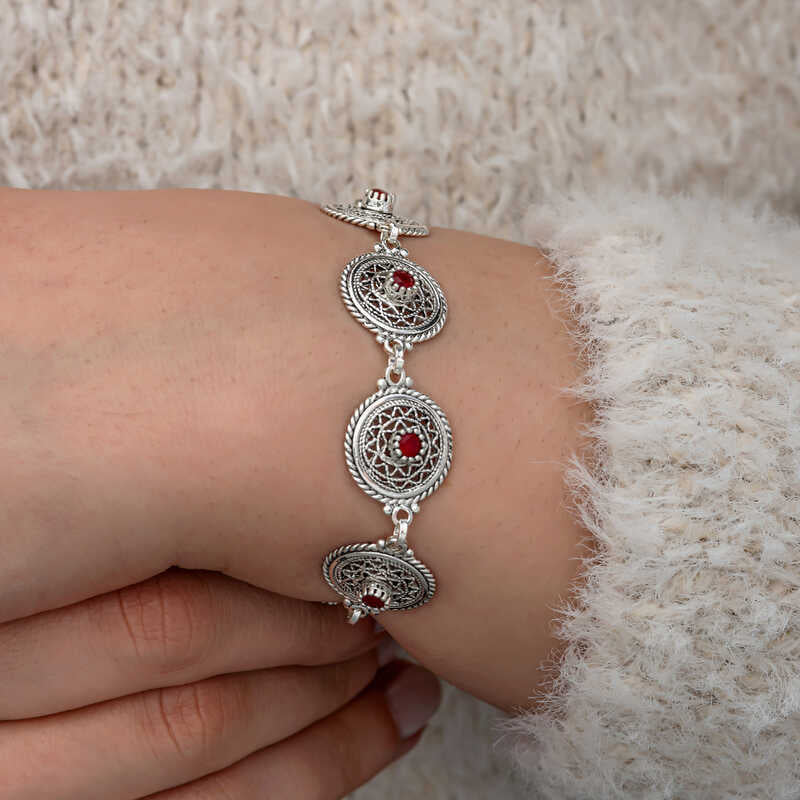 Sterling Silver Filigree Bracelet - Ruby Red Stone Design