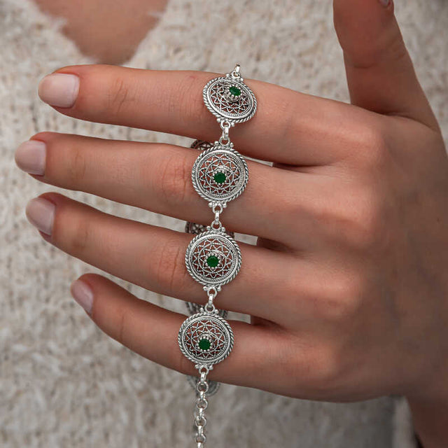 Sterling Silver Filigree Emerald Statement Bracelet