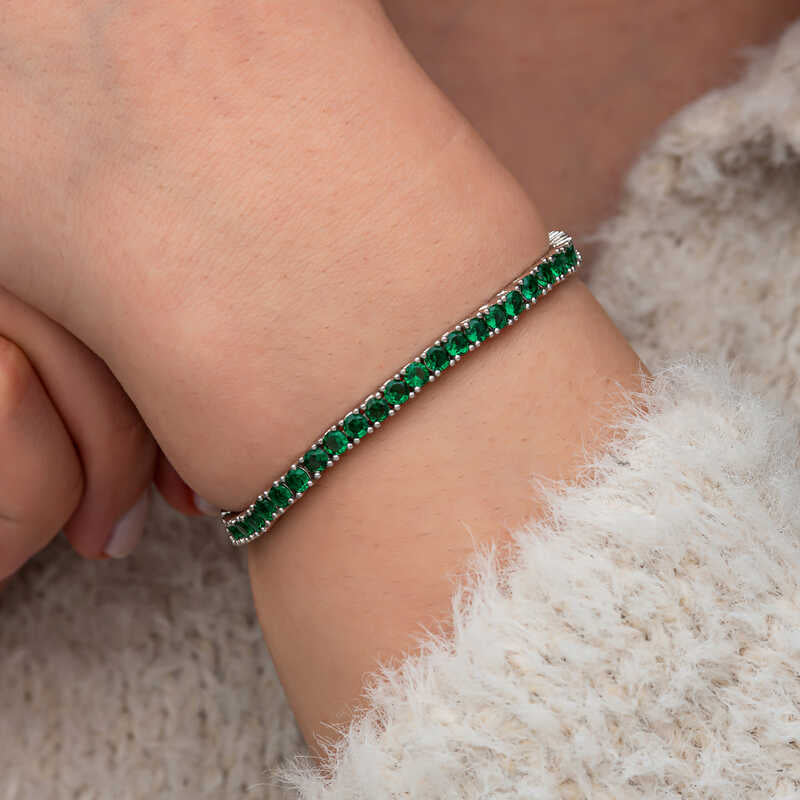 Groene Zirkoon Tennisarmband - Zilverkleurig Elegant Lijnontwerp