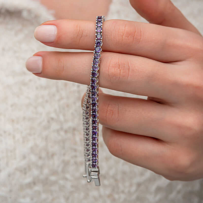 Bracelet Tennis en Argent Sterling avec Zircon Violet - Design Élégant en Ligne de Pierres