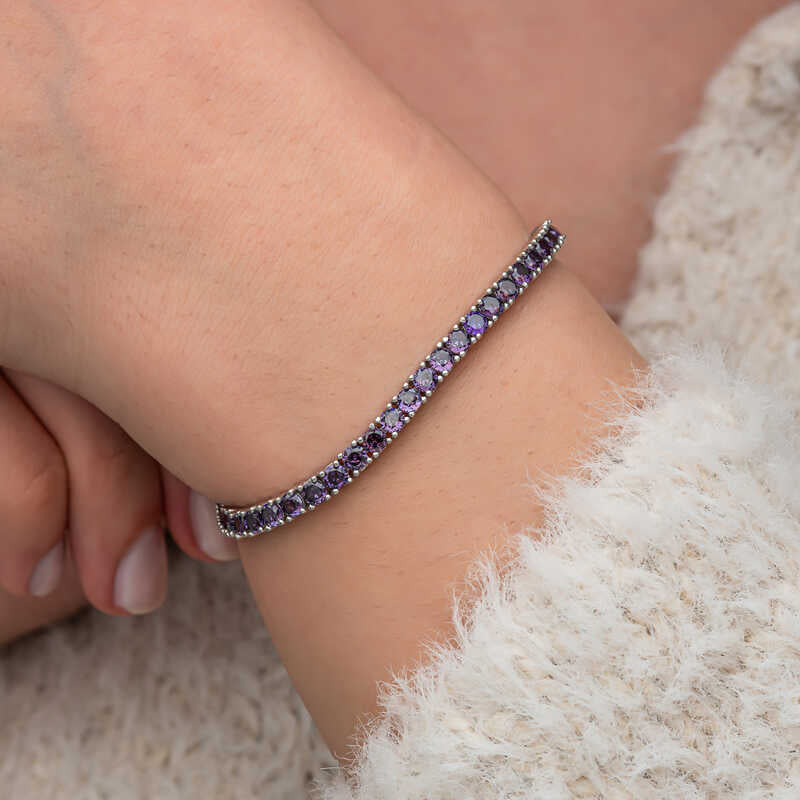 Bracelet Tennis en Argent Sterling avec Zircon Violet - Design Élégant en Ligne de Pierres