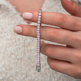 Sterling Silver Pink Zircon Tennis Bracelet - Elegant Round Cut