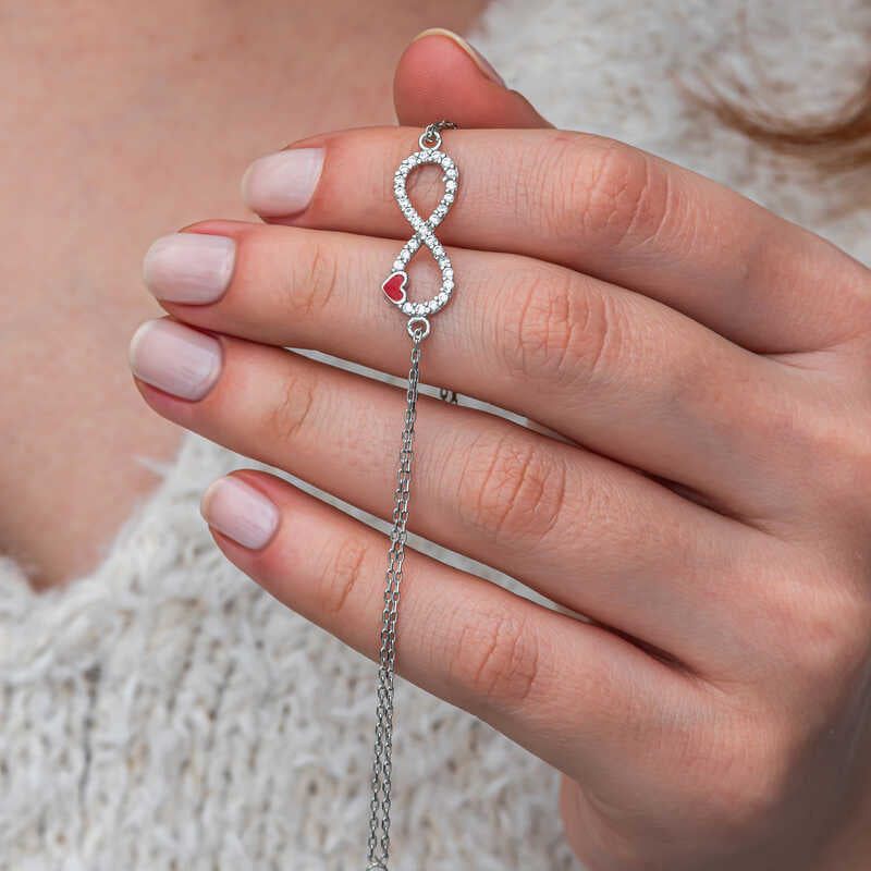 Sterling Silver Infinity Red Heart Necklace & Bracelet Set