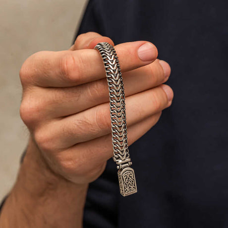 Men's Sterling Silver Oxidized Woven Chain Bracelet with Ornate Clasp