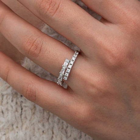 Ring - Silver-Tone Baguette & Round Stone Half-Eternity Band
