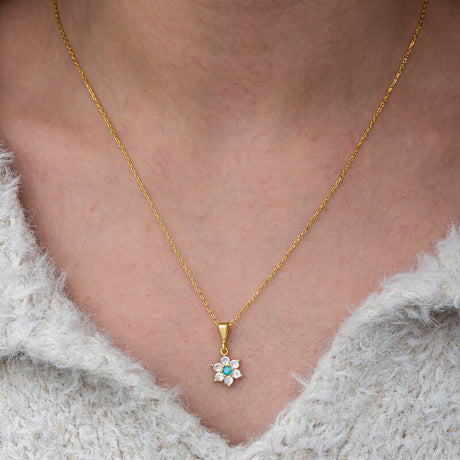 Gold-Tone Flower Necklace - Turquoise & Clear Stone Dainty Pendant