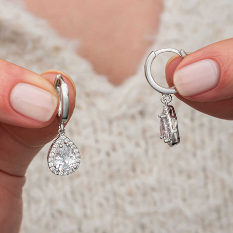 Drop Earrings - Sterling Silver Zirconia Teardrop Halo Dangle