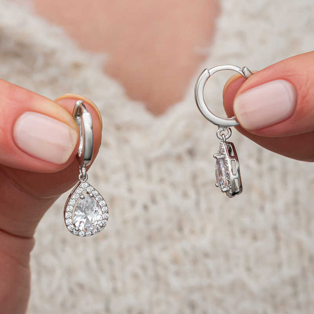 Drop Earrings - Sterling Silver Zirconia Teardrop Halo Dangle