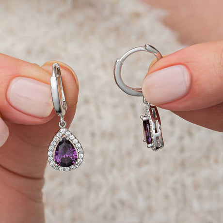 Sterling Silver Purple Zircon Teardrop Halo Dangle Hoop Earrings